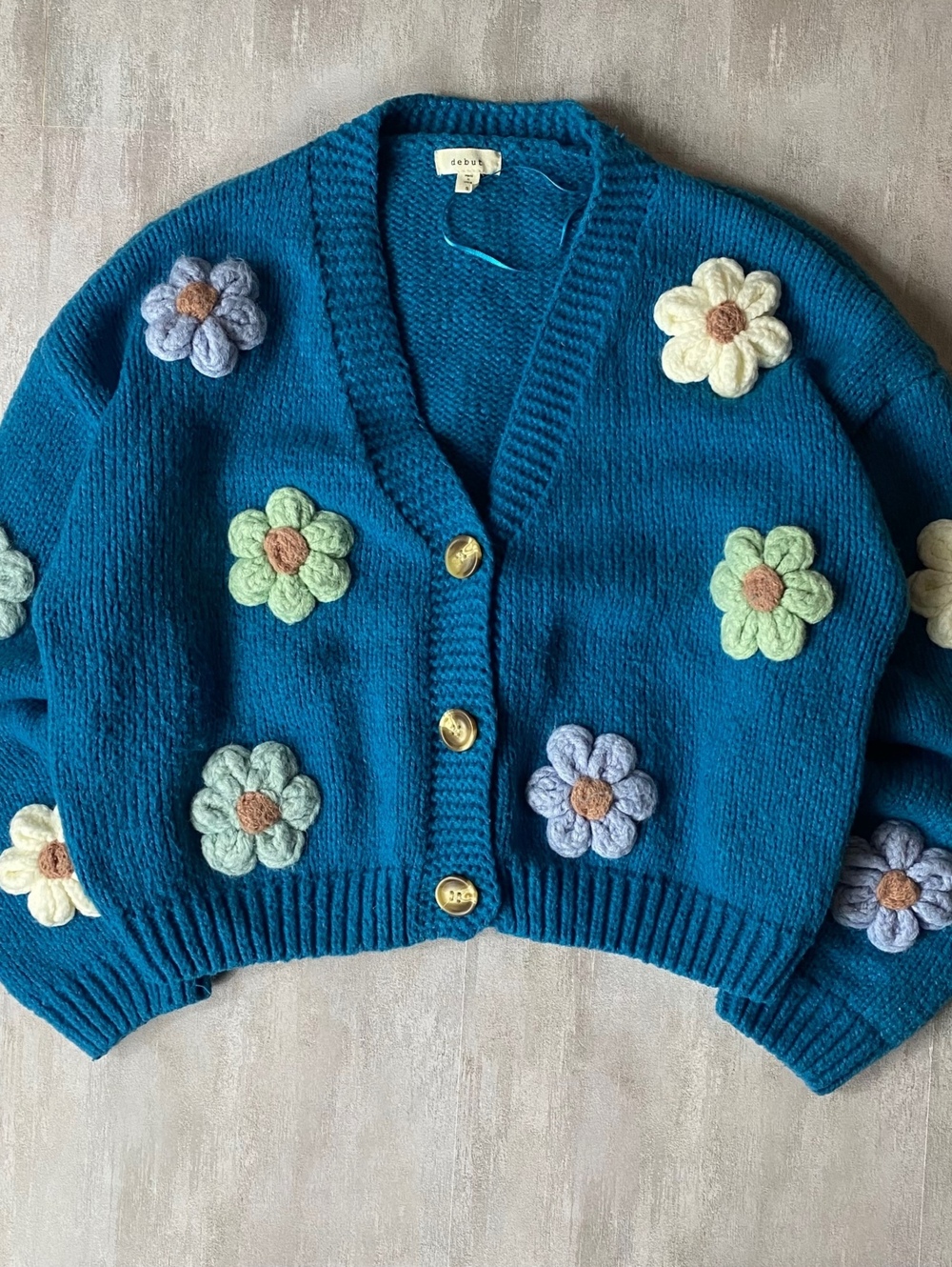 Crochet Daisy Flower Cardigan Sweater Teal Blue Womens Small Grandmacore